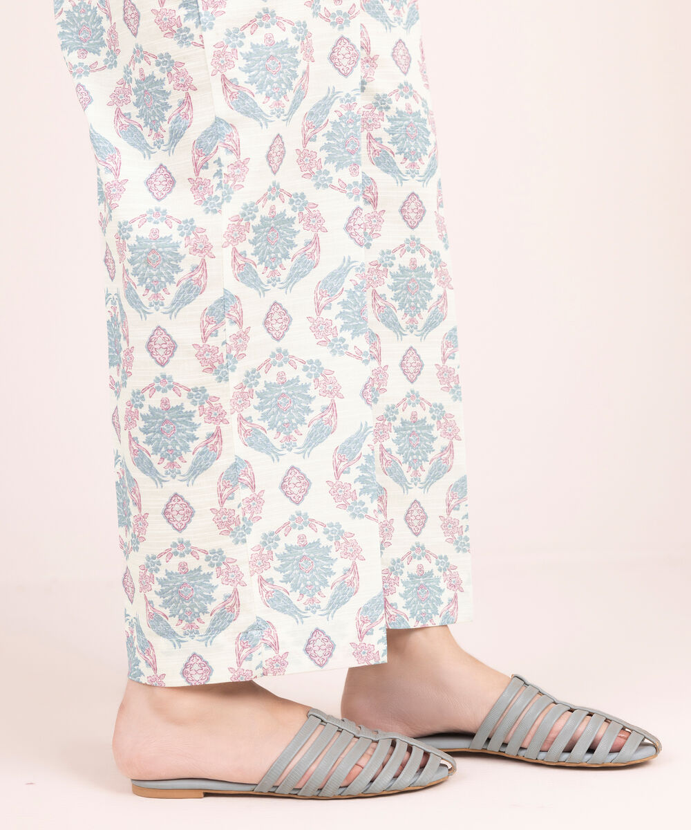 Women's RTW Khaddar Printed White Straight Pants