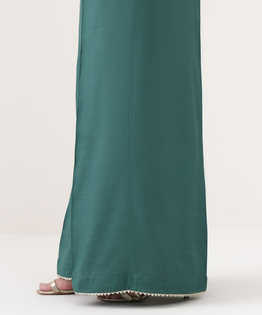 Women's RTW Viscose Raw Silk Solid Green Flared Pants
