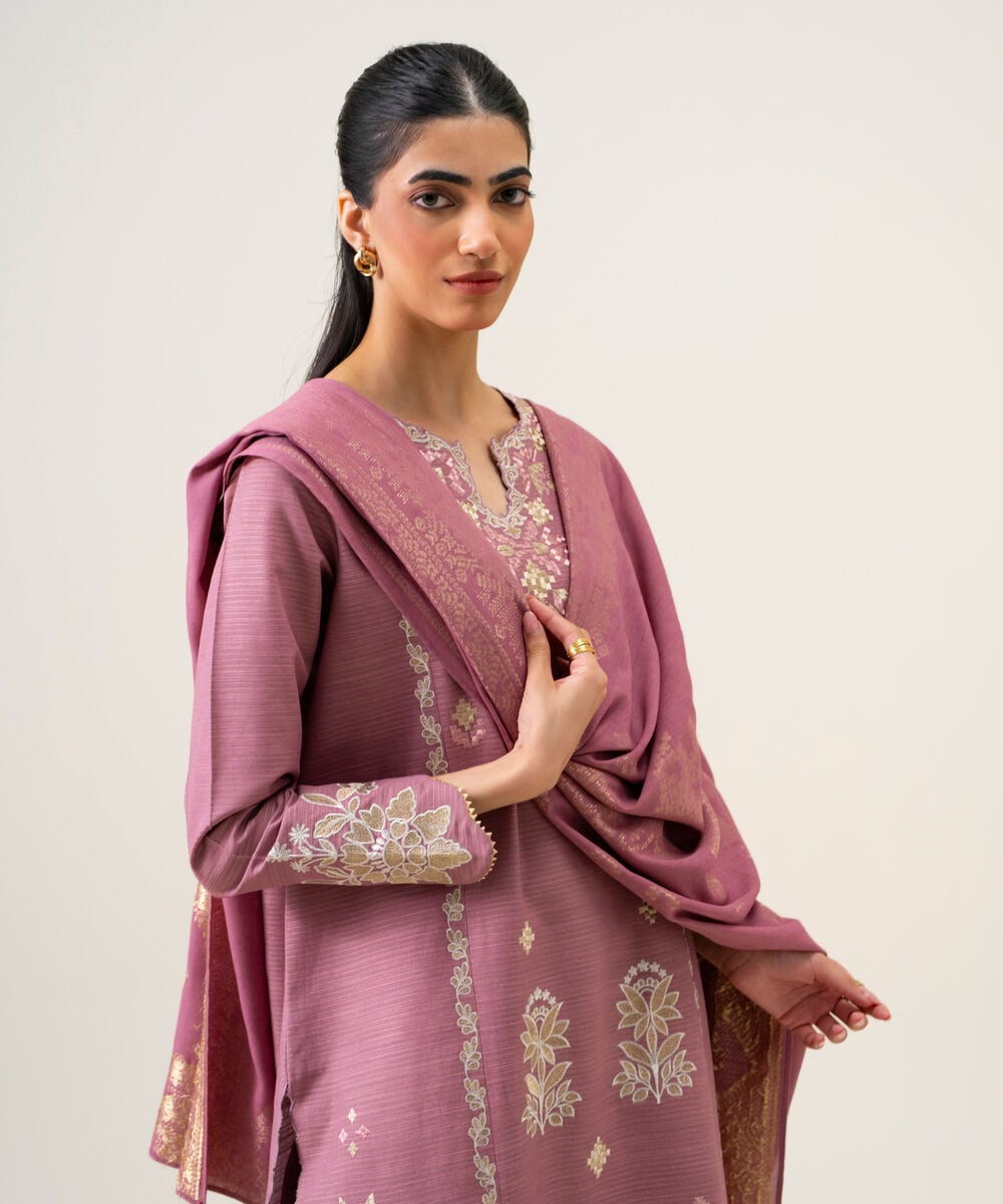 Women's Unstitched Zari Khaddar Embroidered Light Pink 3 Piece Suit