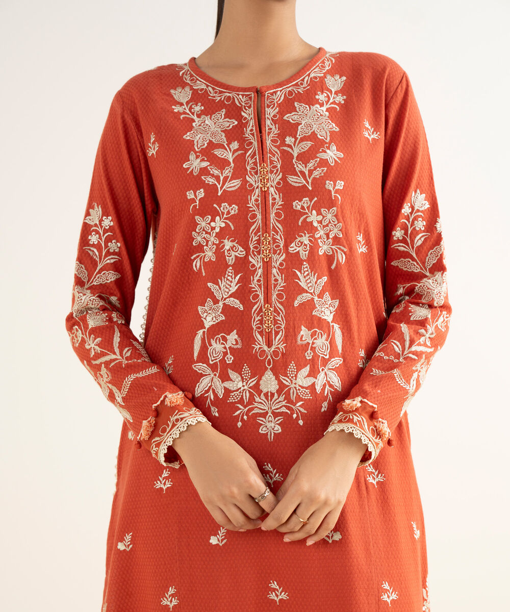 Women's Unstitched Dobby Embroidered Orange 3 Piece Suit