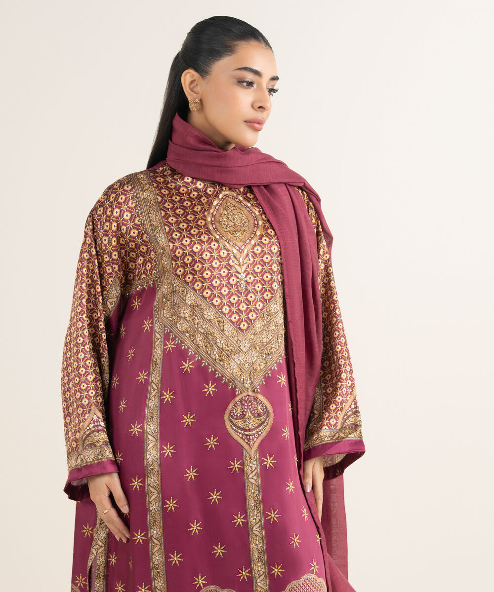 Women's RTW Blended Satin Embroidered Purple 3 Piece Suit