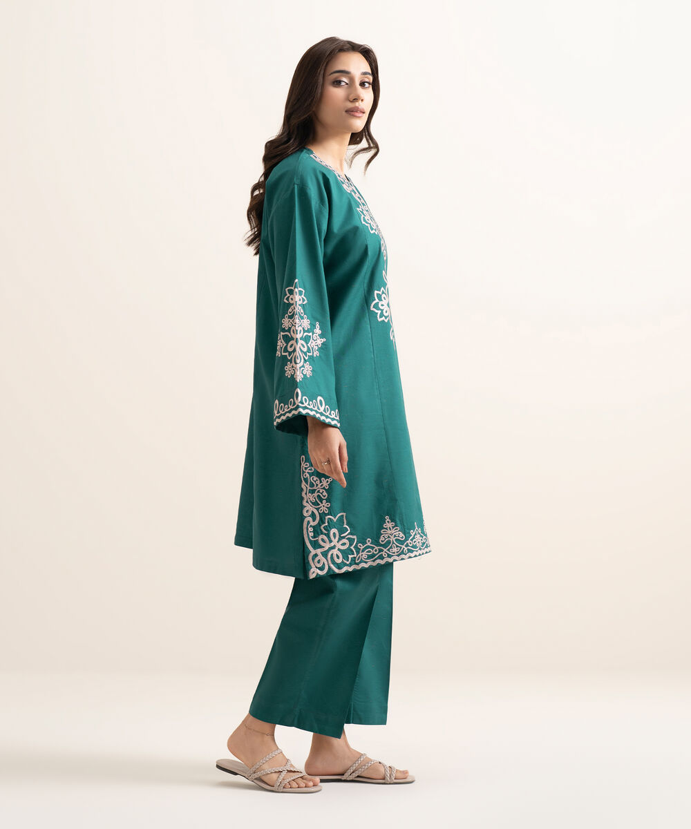 Women's RTW Multi Neps Embroidered Teal Green A-Line Shirt