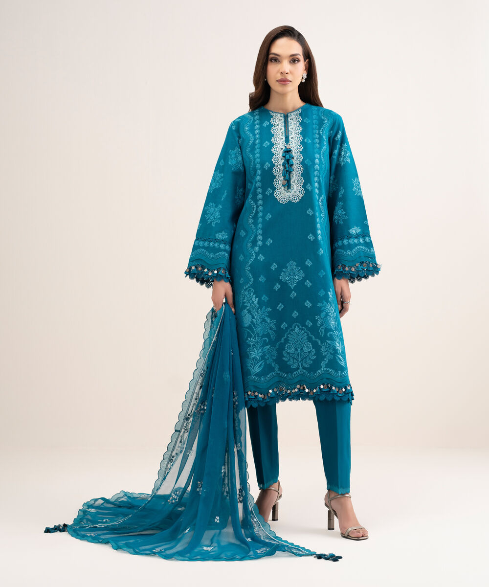 Women's Unstitched Extra Weft Jacquard Embroidered Blue 3 Piece Suit