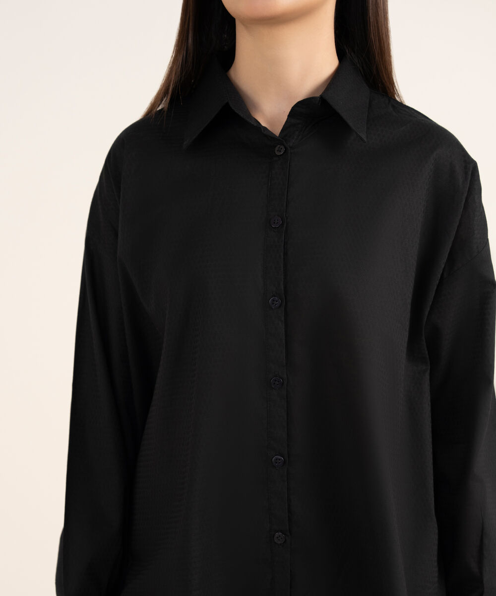 Women's RTW Textured Lawn Black Solid Button Down Shirt