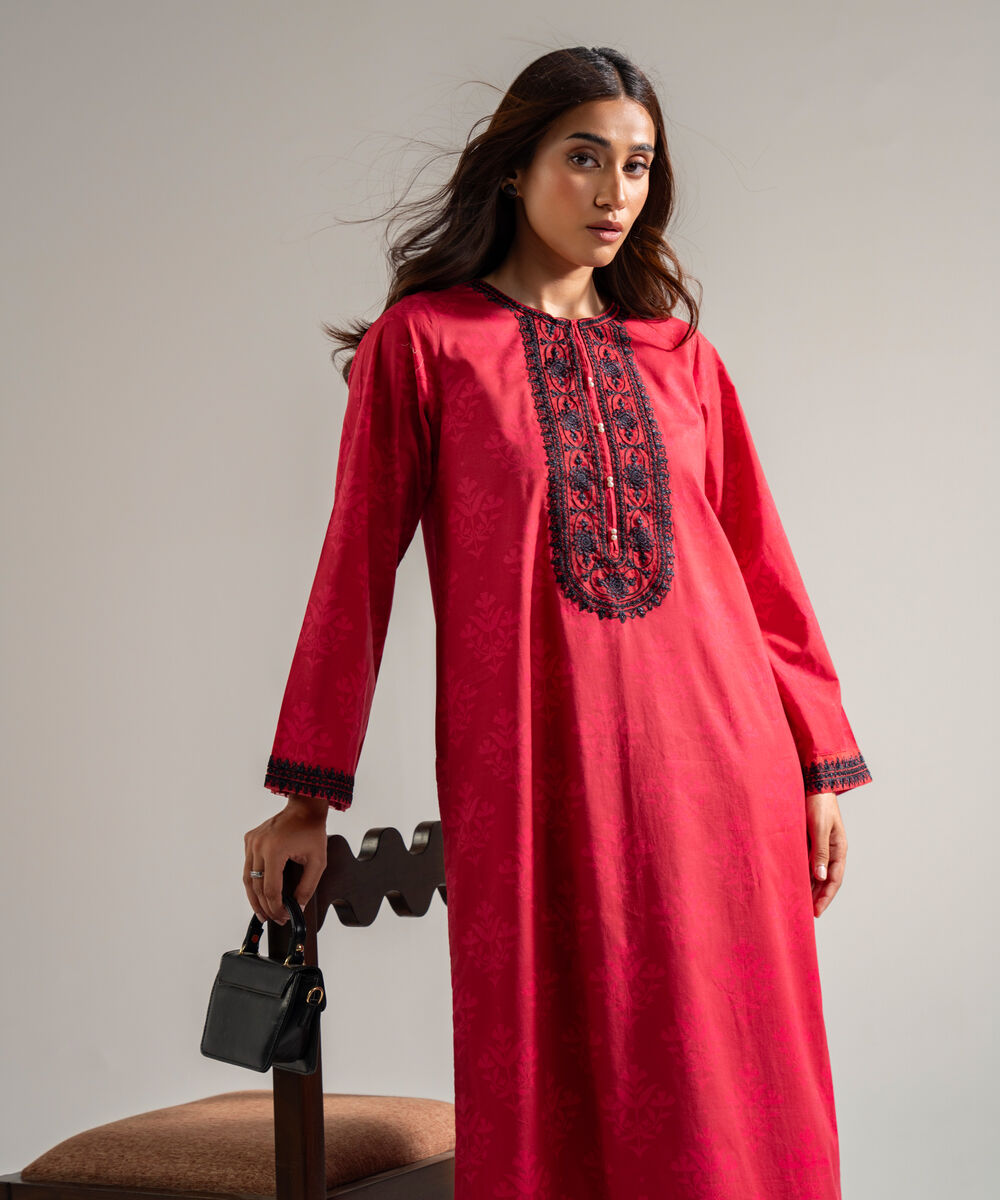 Women's RTW Cambric Embroidered Red 2 Piece Suit