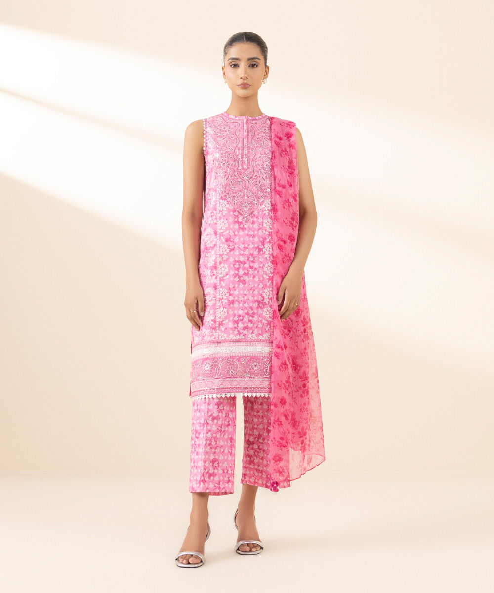 Unstitched Women's Pink Lawn Embroidered 3 Piece Suit