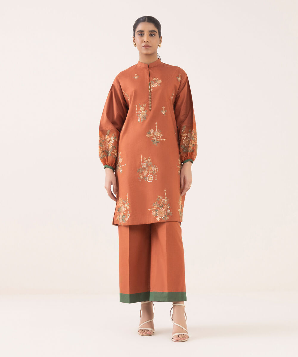 Women's Unstitched Cotton Embroidered Rust Two Piece Suit
