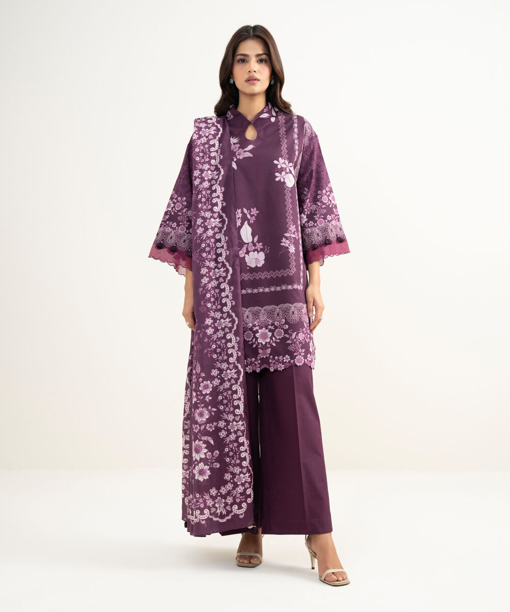 Women's Unstitched Lawn Printed Purple 3 Piece Suit