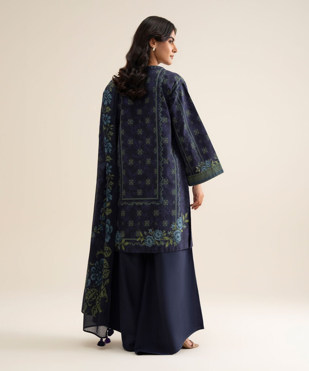 Women's Unstitched Cotton Printed Blue 3 Piece Suit