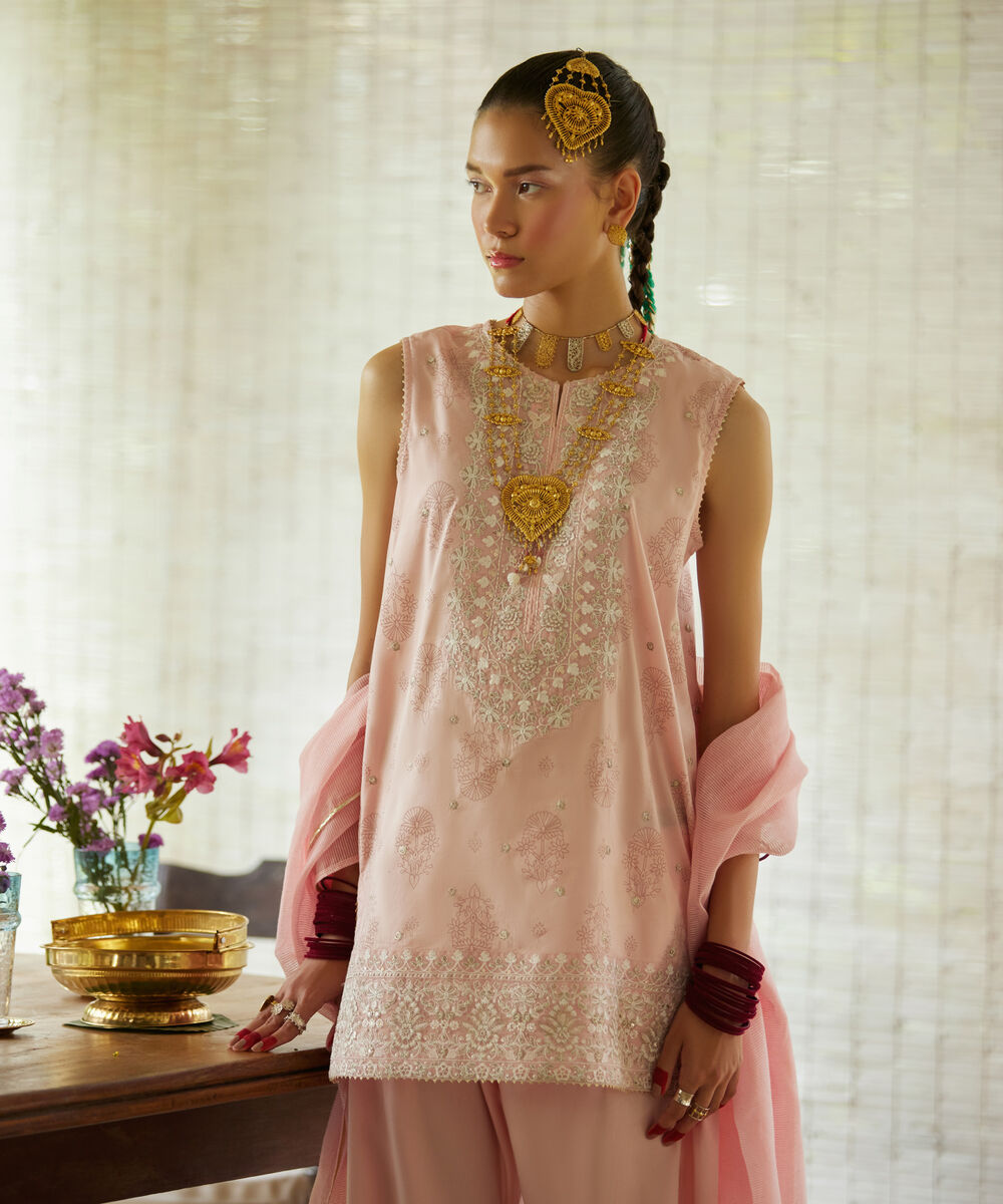 Women's RTW Lawn Embroidered Baby Pink 3 Piece Suit