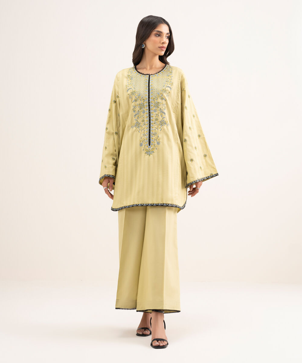 Women's RTW Leno Kara Embroidered Green Drop Shoulder Shirt