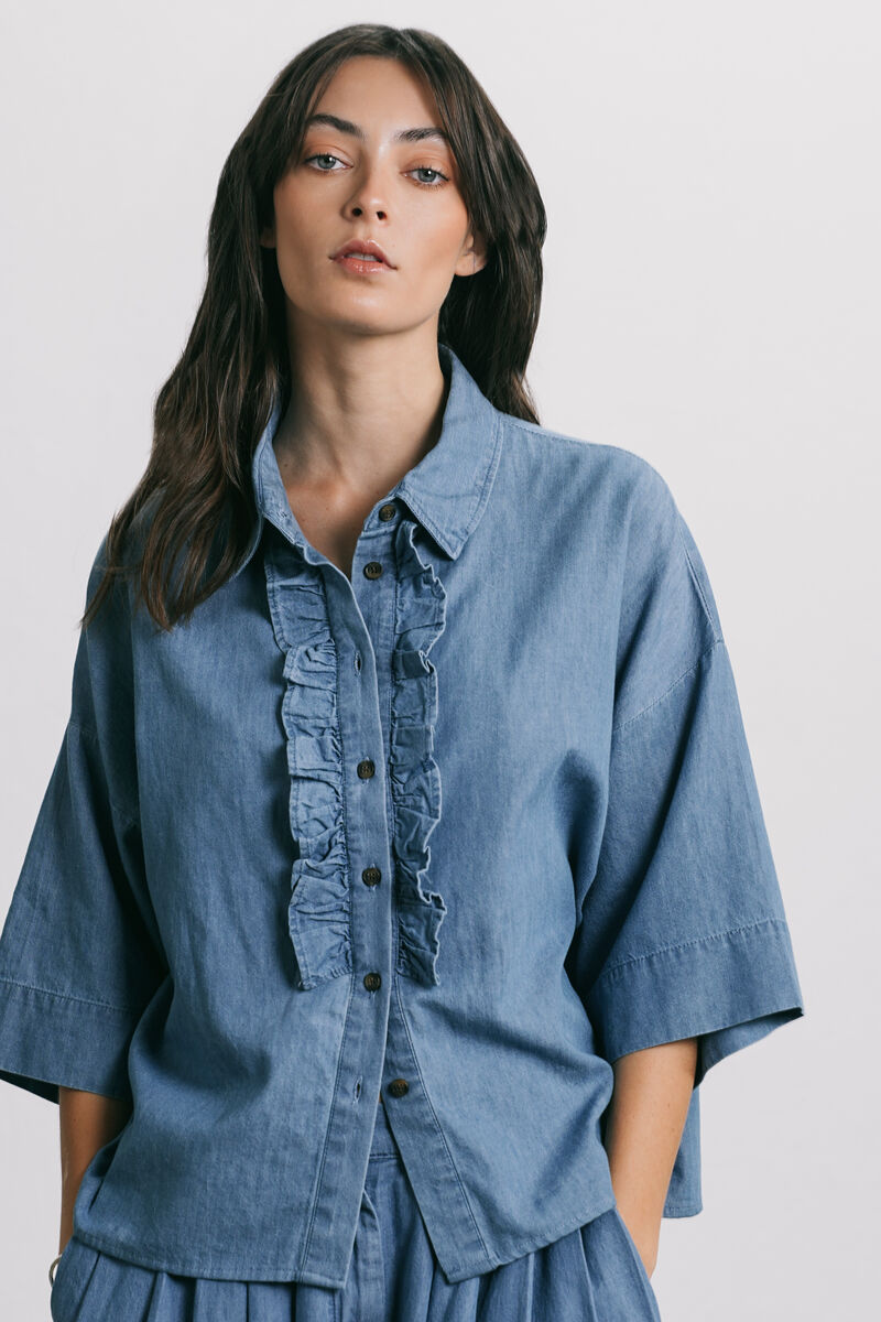 Denim Shirt With Neck Frill