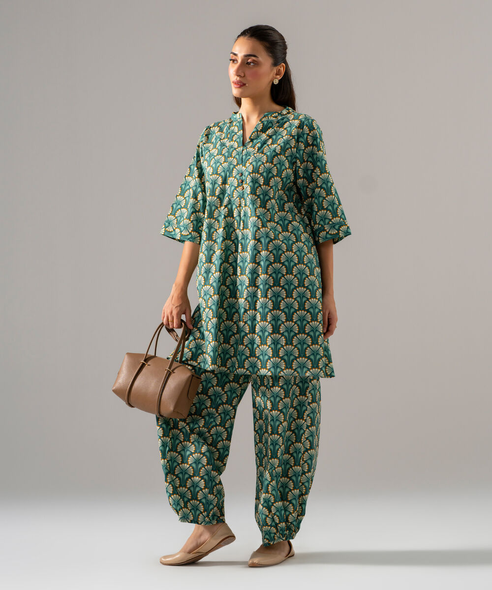 Women's RTW Seersucker Printed Teal 2 Piece Suit
