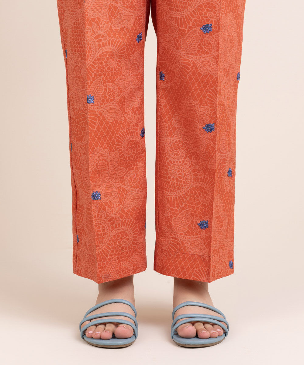 Woman - Orange Embroidered Cambric Straight Pants