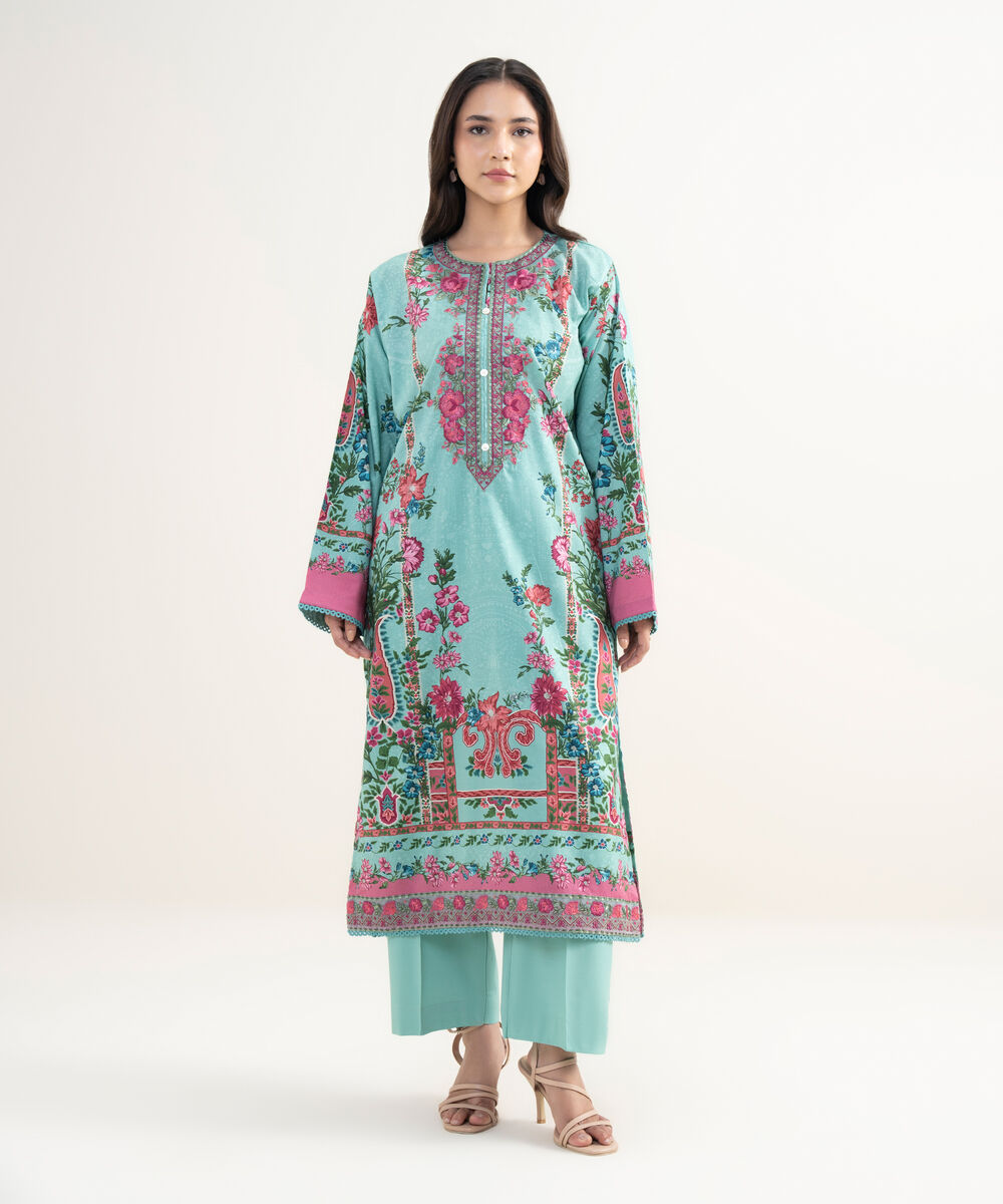 Women's RTW Cotton Viscose Embroidered Blue Straight Shirt