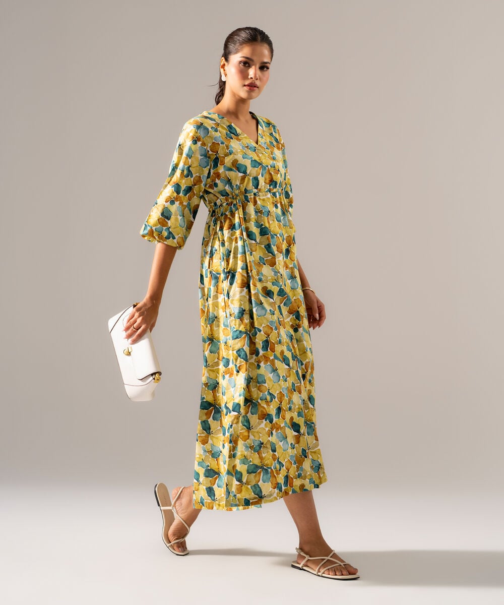 Women's RTW Cotton Viscose Printed Green Dress