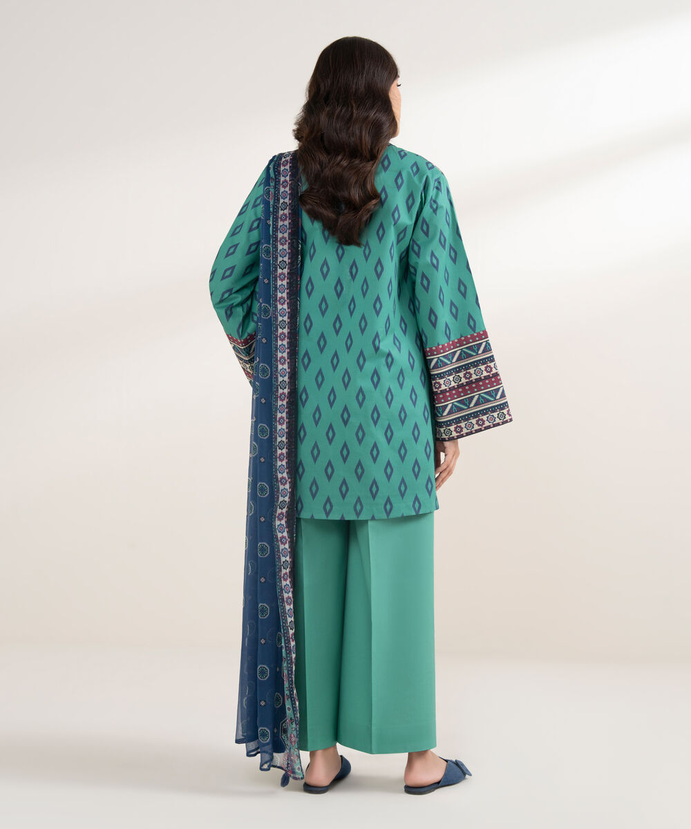 Women's Unstitched Cotton Printed Green 3 Piece Suit