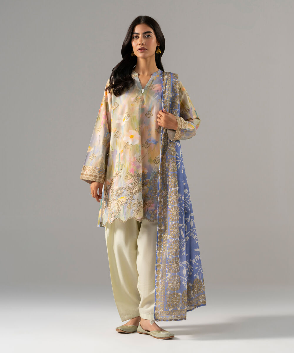Women's RTW Cambric Embroidered Blue 3 Piece Suit