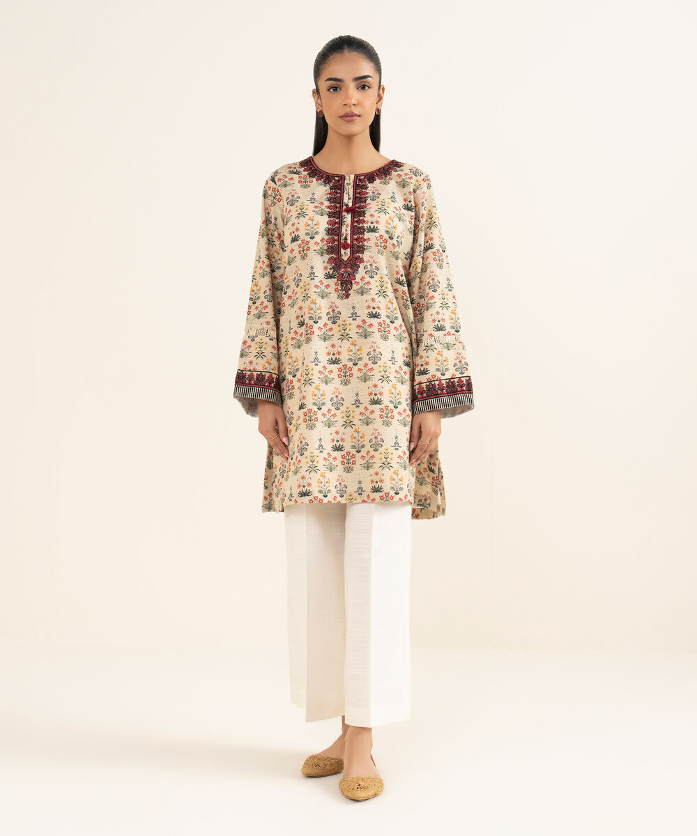 Women's RTW Cotton Embroidered Beige A-Line Shirt