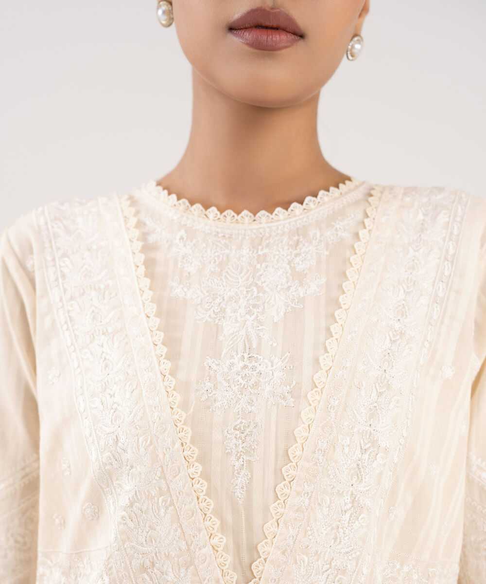Women's RTW Textured Lawn Off White Embroidered Pishwas