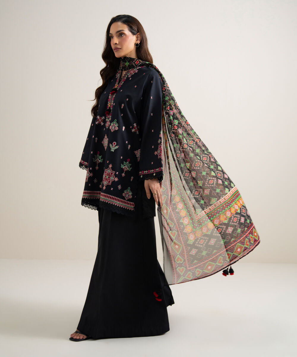 Women's Unstitched Lawn Embroidered Black 3 Piece Suit