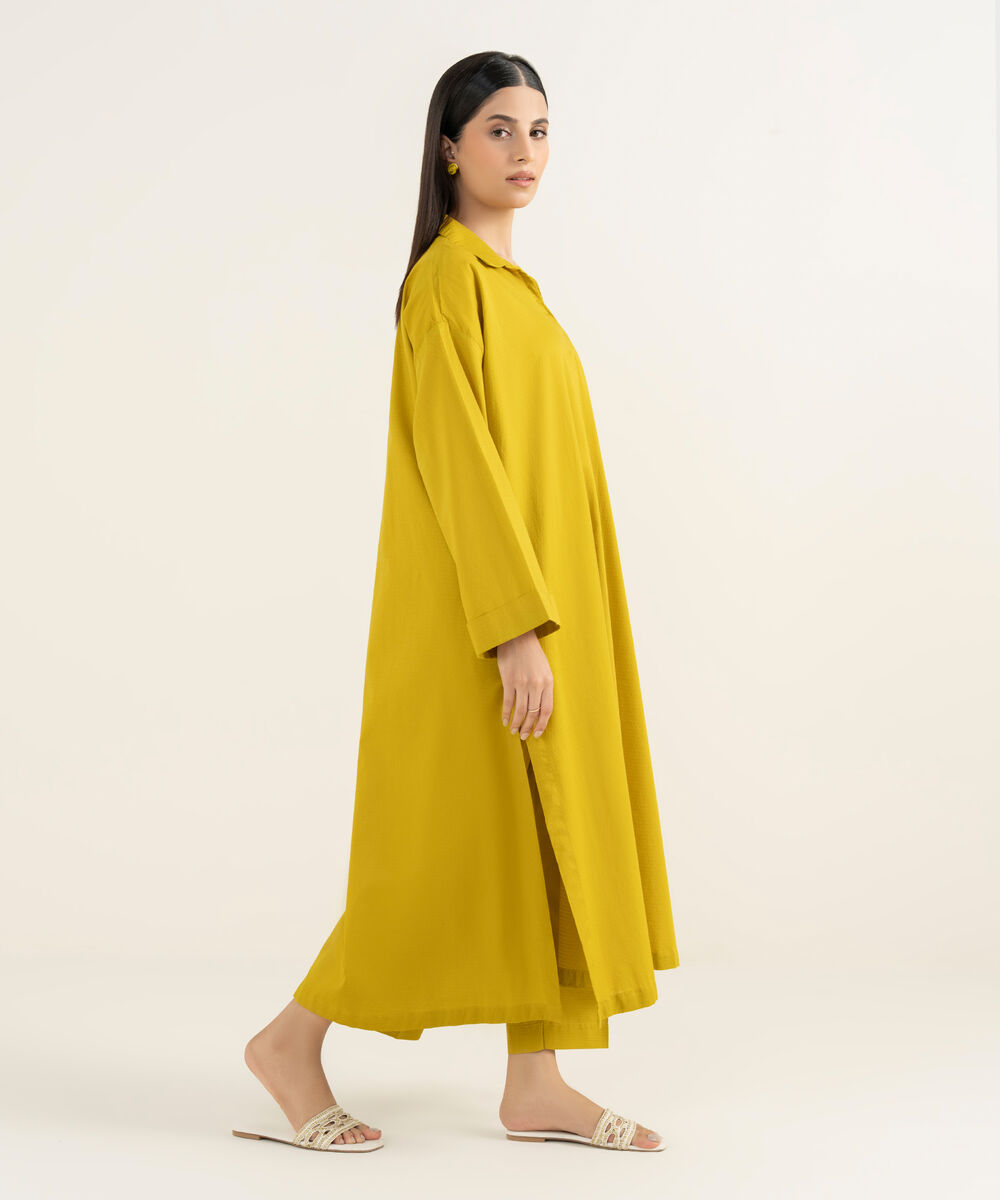 Women's RTW Textured Lawn Yellow Solid Drop Shoulder Shirt