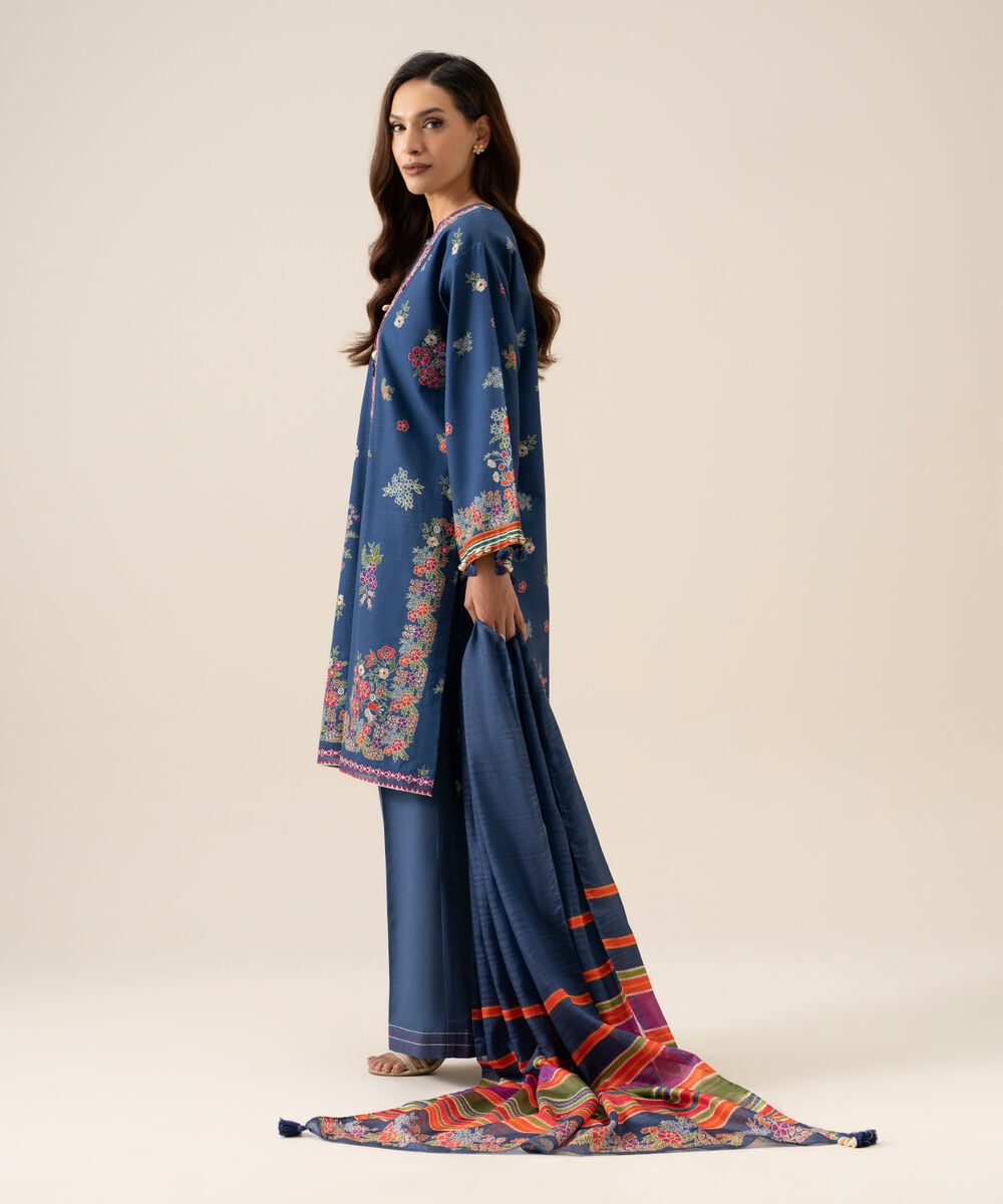 Women's Unstitched Light Khaddar Printed Blue 3 Piece Suit