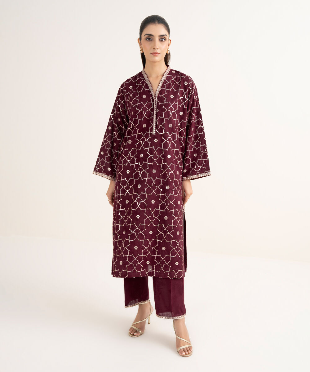 Women's RTW Self Jacquard Leno Embroidered Maroon Drop Shoulder Shirt