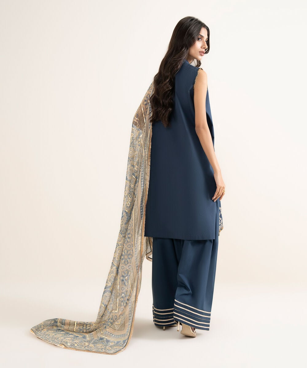 Women's Unstitched Lawn Embroidered Blue  3 Piece Suit