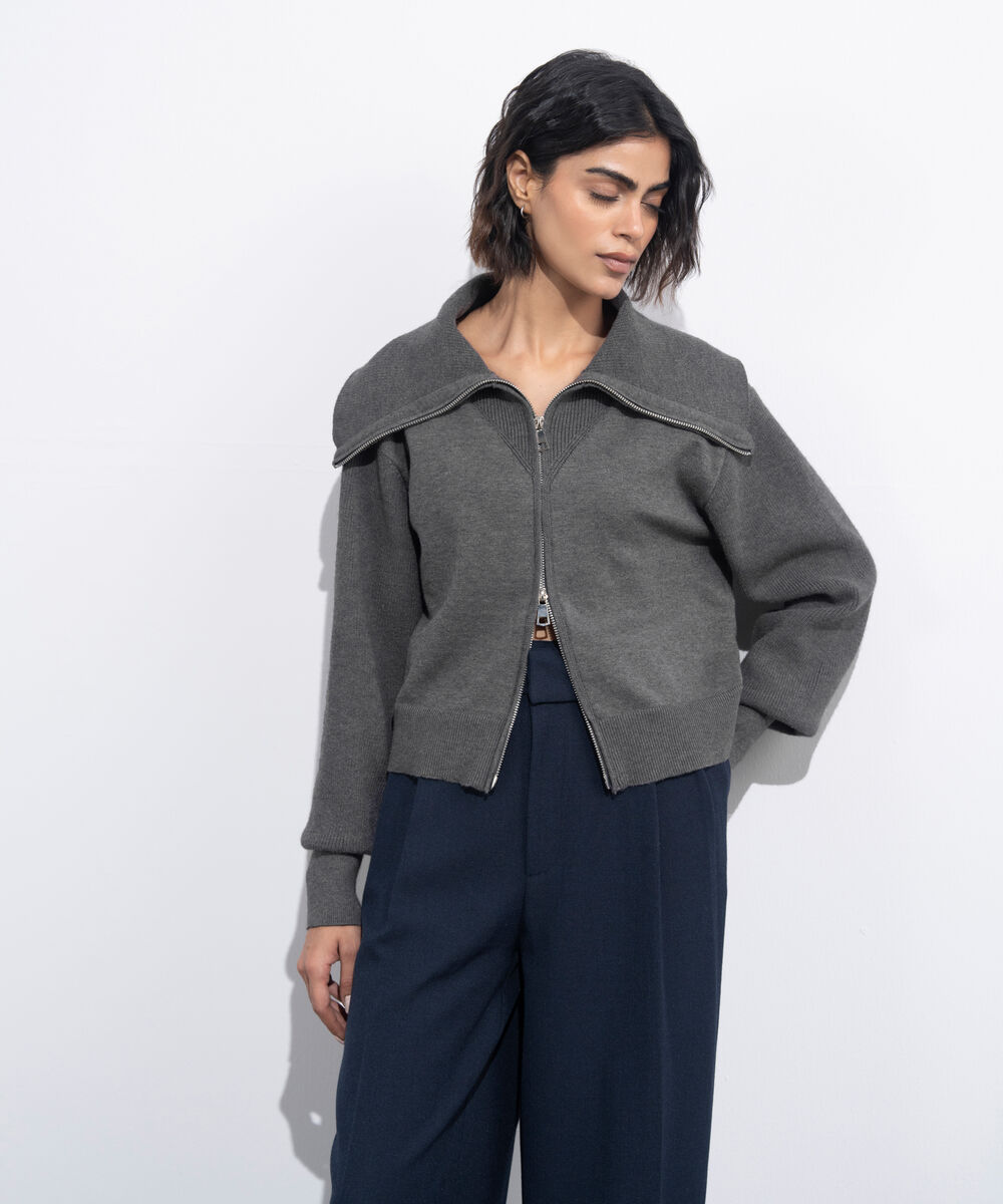 Women's Western Wear Grey Zip-Up Knit Sweater