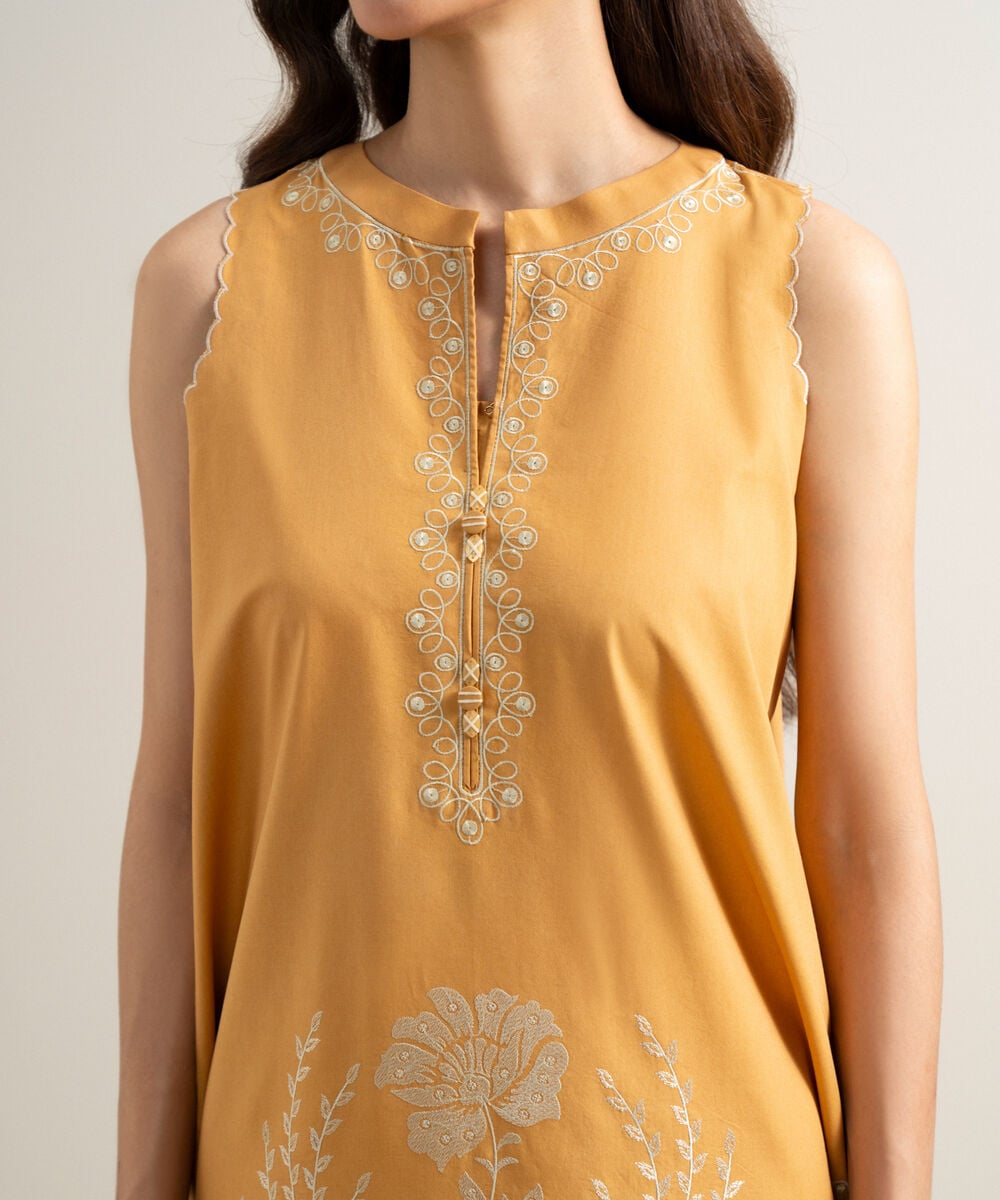 Women's Unstitched Lawn Embroidered Mustard Yellow  3 Piece Suit
