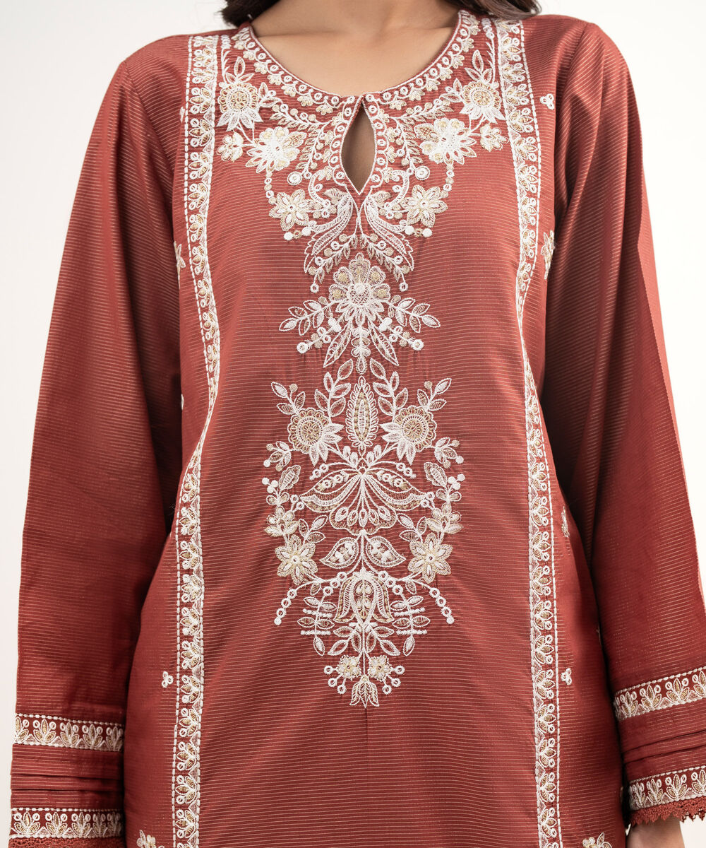 Women's RTW Zari Lawn Embroidered Brown 2 Piece Suit