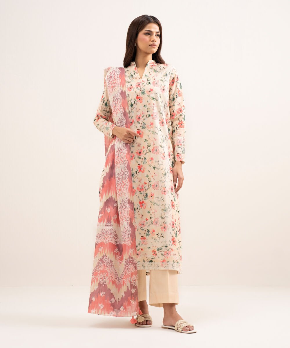 Women's Unstitched Lawn Printed Pink 3 Piece Suit