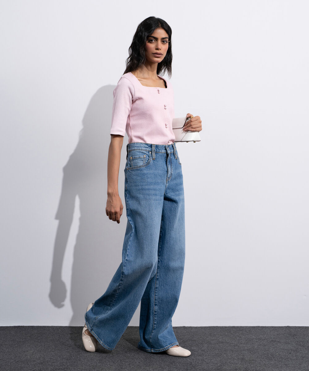 Women's Pink Square Neck Ribbed Top
