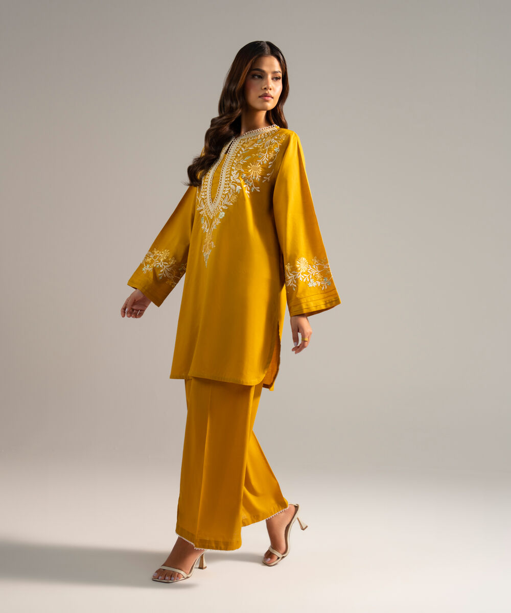 Women's RTW Crosshatch Embroidered Mustard Yellow Straight Shirt