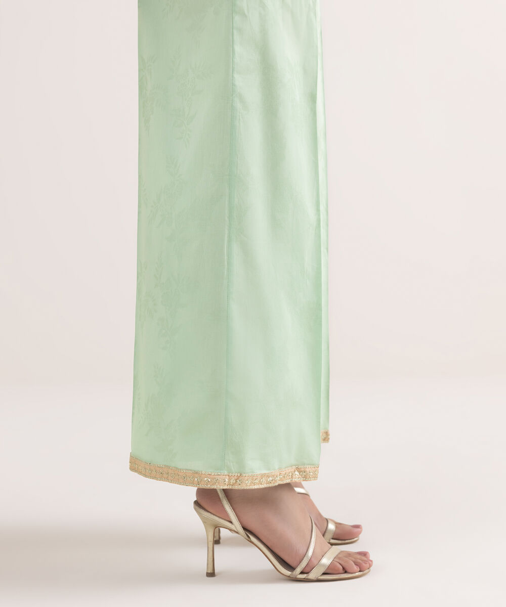 Women's RTW Self Jacquard Leno Embroidered Mint Green Flared Pants