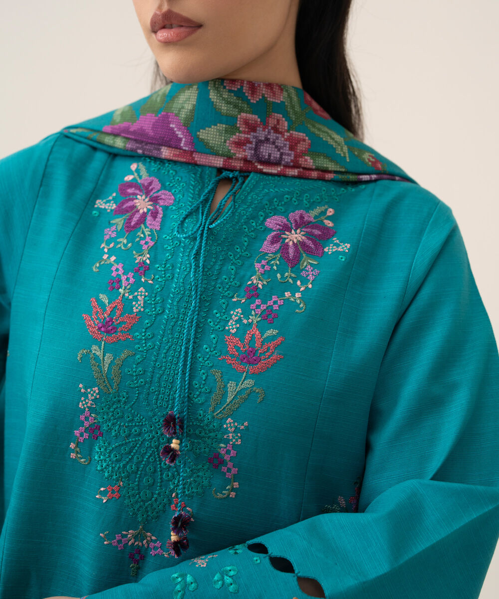 Women's Unstitched Lawn Embroidered Turquoise 3 Piece Suit
