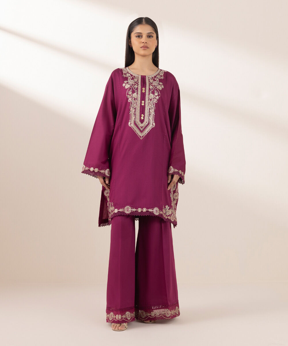 Women's Pret Cotton Satin Purple Embroidered Straight Shirt