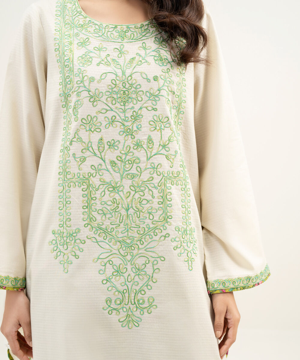 Women's RTW Dobby Embroidered Off White 3 Piece Suit