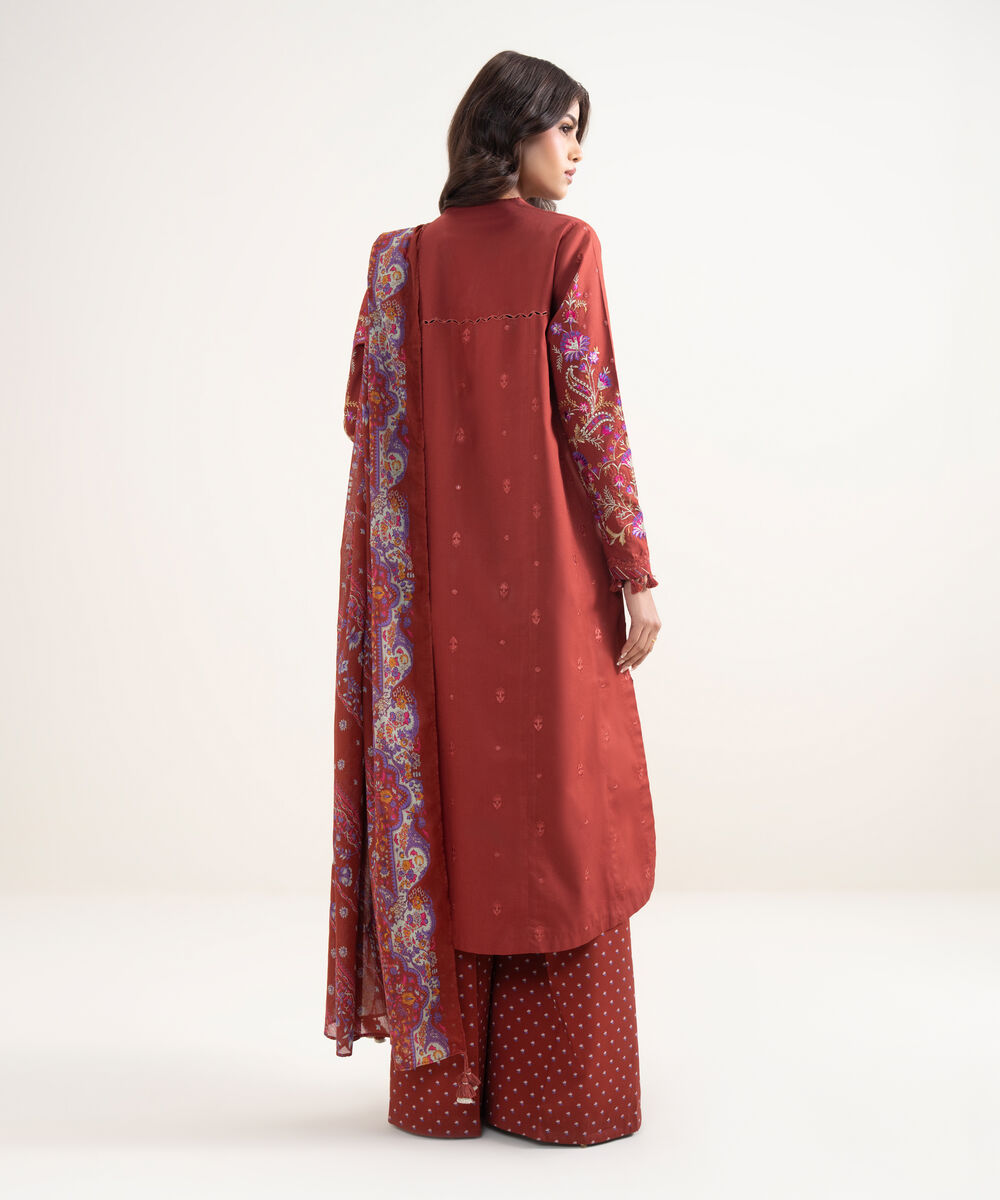 Women's Unstitched Textured Lawn Red Embroidered 3 Piece Suit