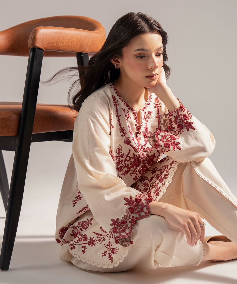 Women's RTW Self Jacquard Embroidered Straight Off White Shirt