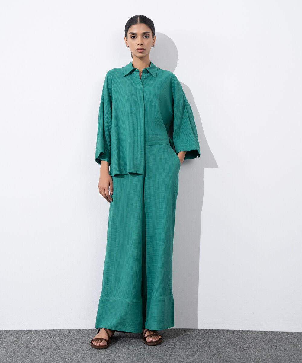 Women's Western Wear Green Wide-Leg Textured Trousers