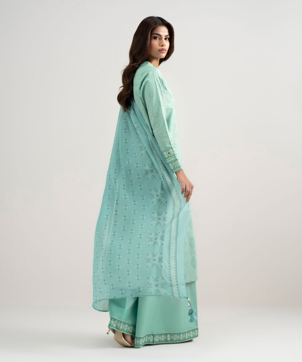 Women's Unstitched Zari Lawn Printed Green 3 Piece Suit