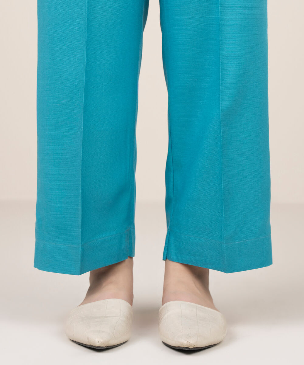 Women's RTW Herringbone Solid Blue Straight Pants