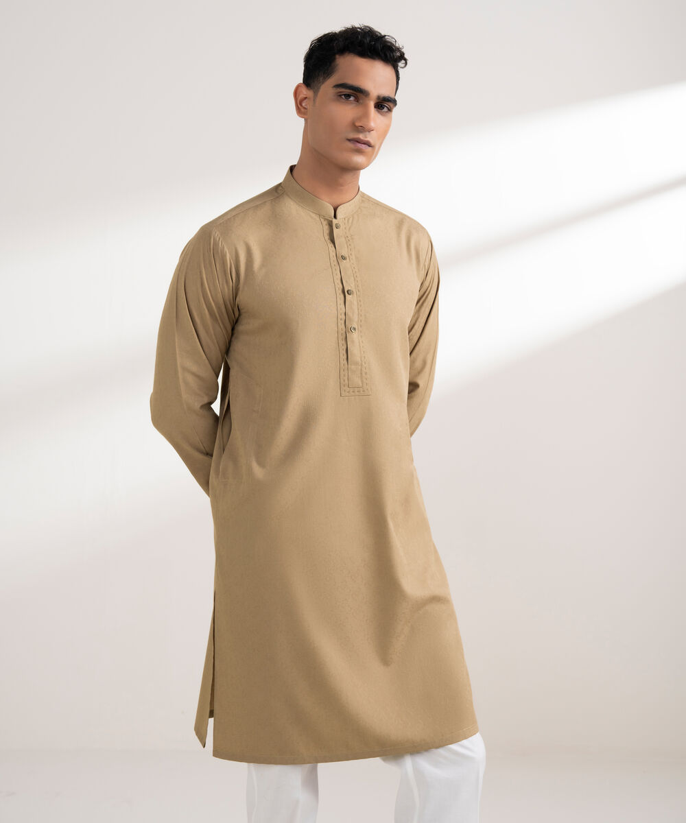 Men's Stitched Jacquard Khaki Kurta