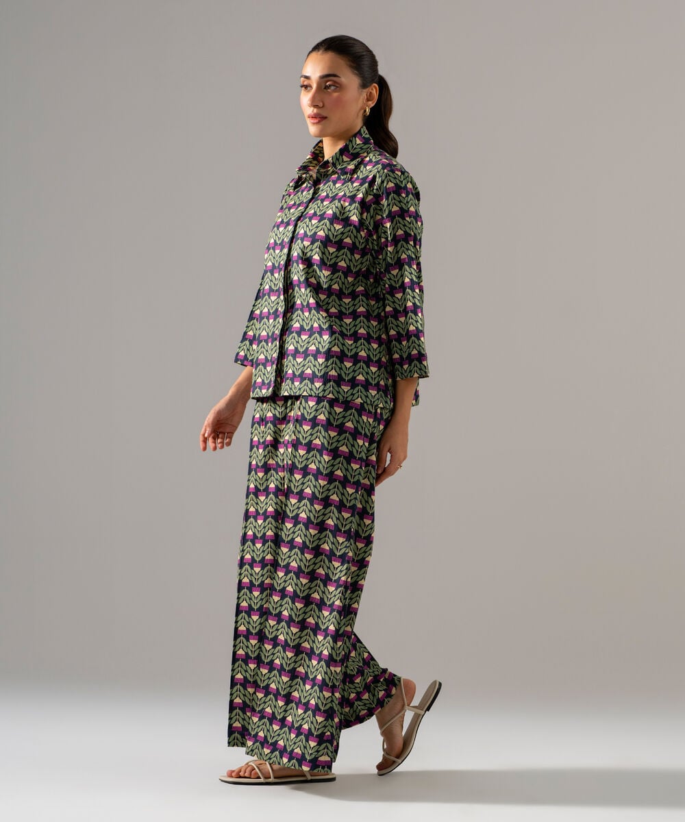 Women's RTW Seersucker Printed Black 2 Piece Suit