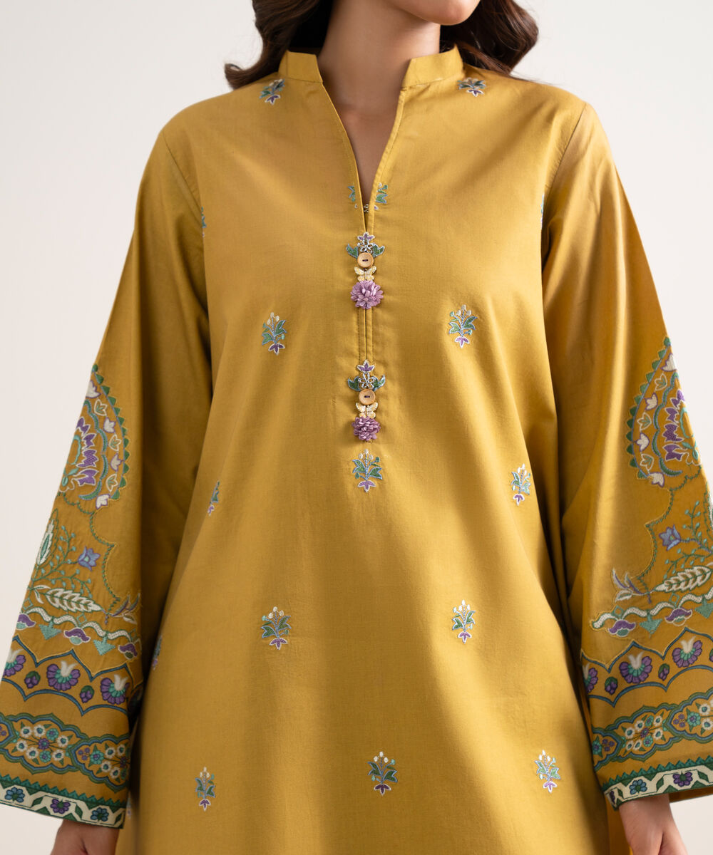 Women's Unstitched Embroidered Cotton Mustard 3 Piece Suit