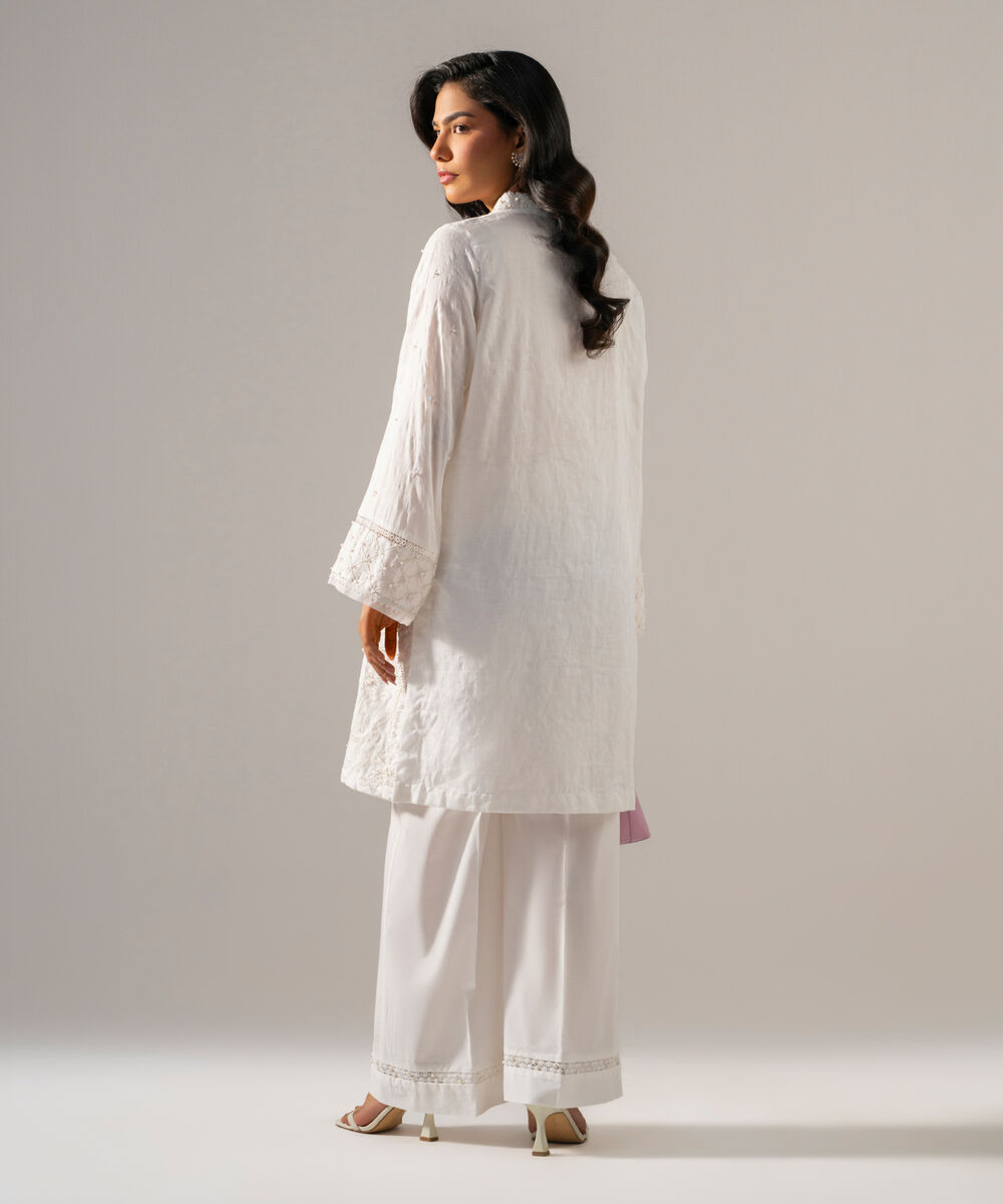 Women's RTW Self Jacquard Solid Embroidered Off White 2 Piece Suit