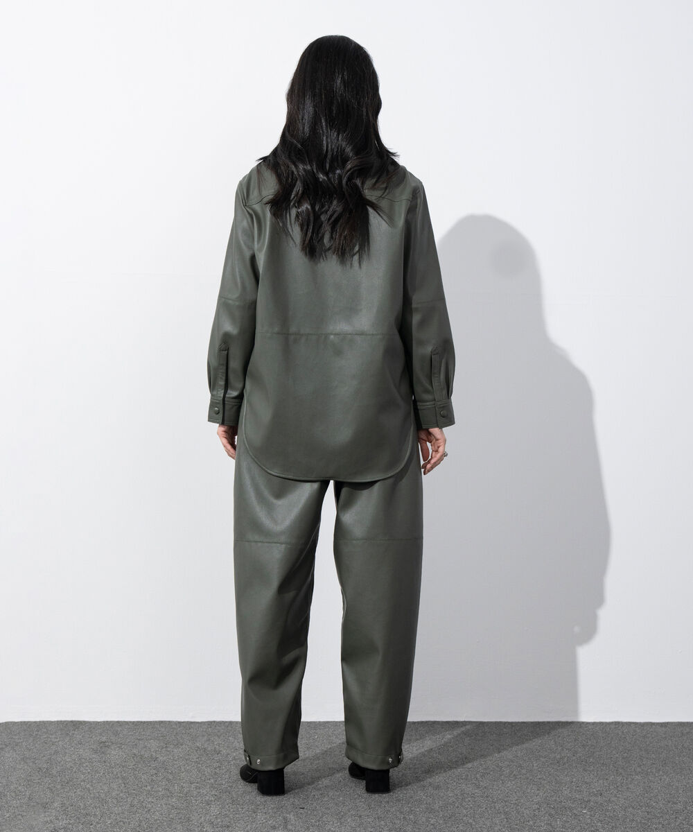 Women's Western Wear Olive Green Loose-Fit Faux Leather Shirt