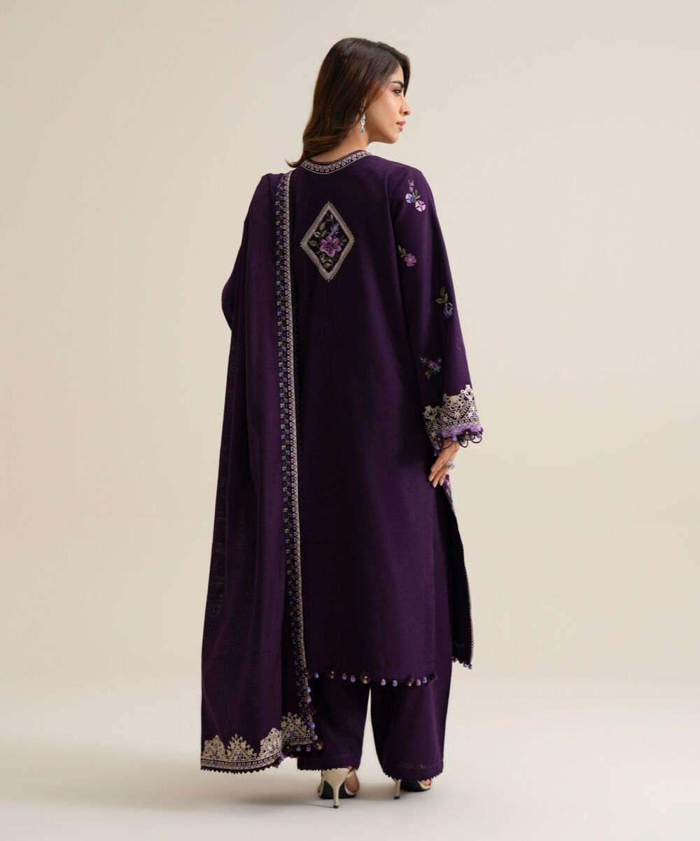 Women's Unstitched Basic Khaddar Embroidered Purple 3 Piece Suit